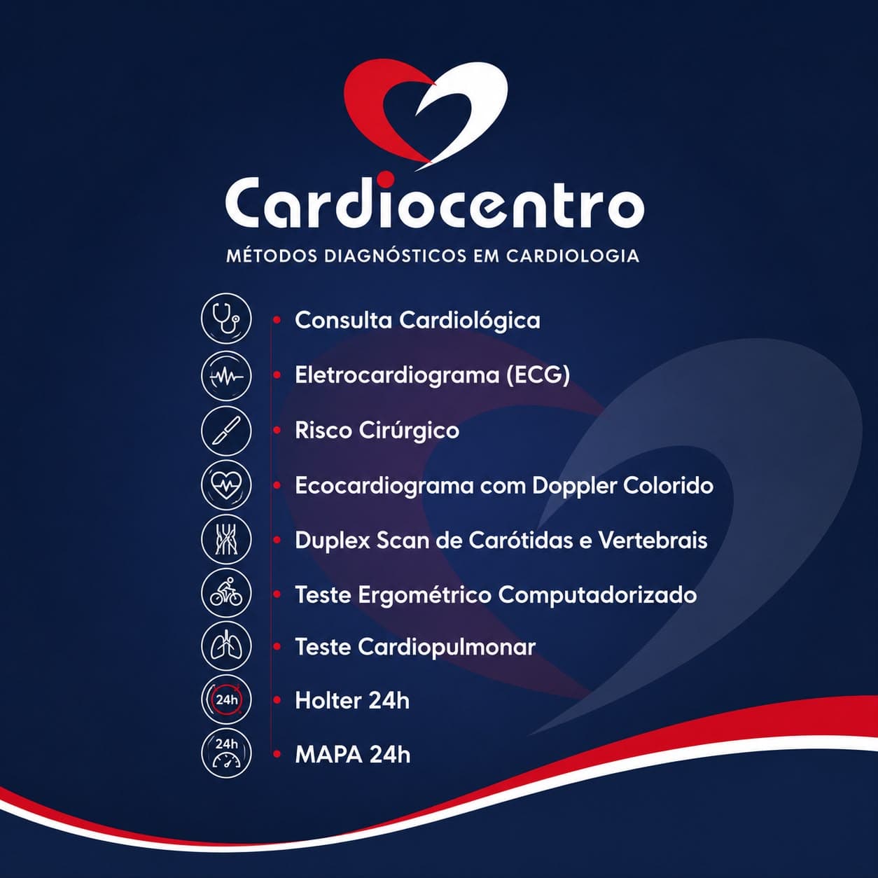 Lista oficial de exames da Cardiocentro: consulta cardiológica, ECG, risco cirúrgico, ecocardiograma, duplex de carótidas, teste ergométrico, teste cardiopulmonar, Holter 24h e MAPA 24h