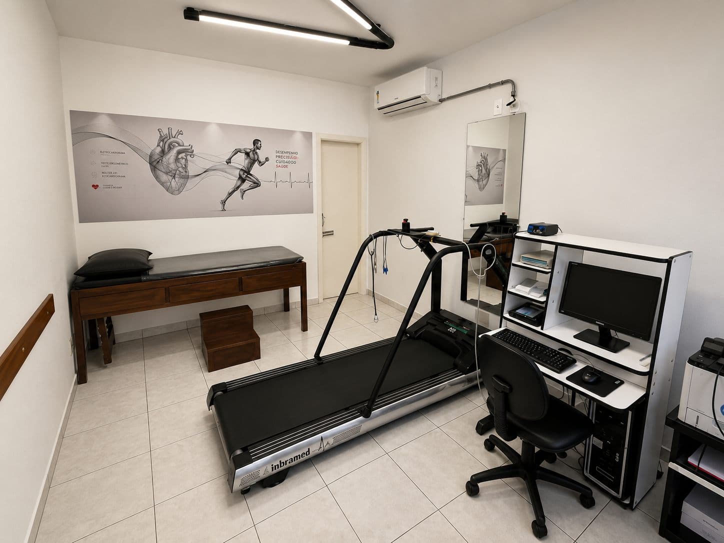 Sala equipada para teste ergométrico, com esteira e monitoramento